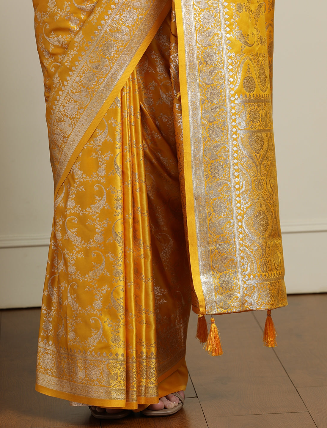 Ethnic Motif Woven Design Zari Banarasi Satin Silk Saree & Blouse Piece in Yellow