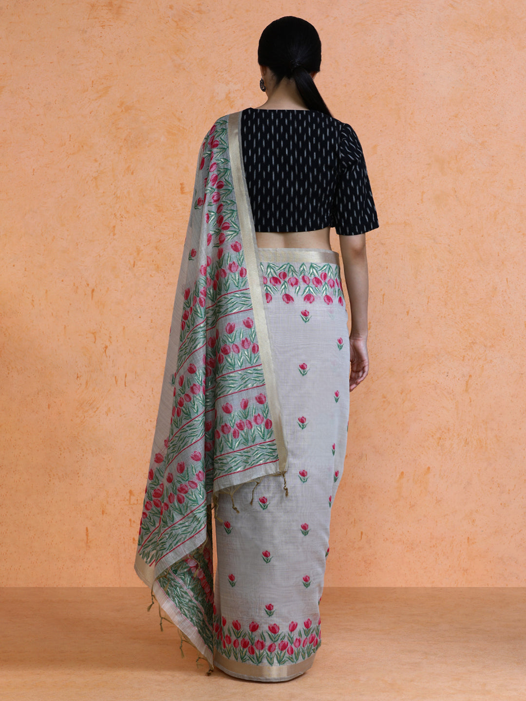 Aranya Cotton in Beige with Hot Pink Motifs