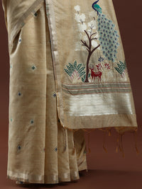 Woven Design Floral Muga Cotton Saree in Beige