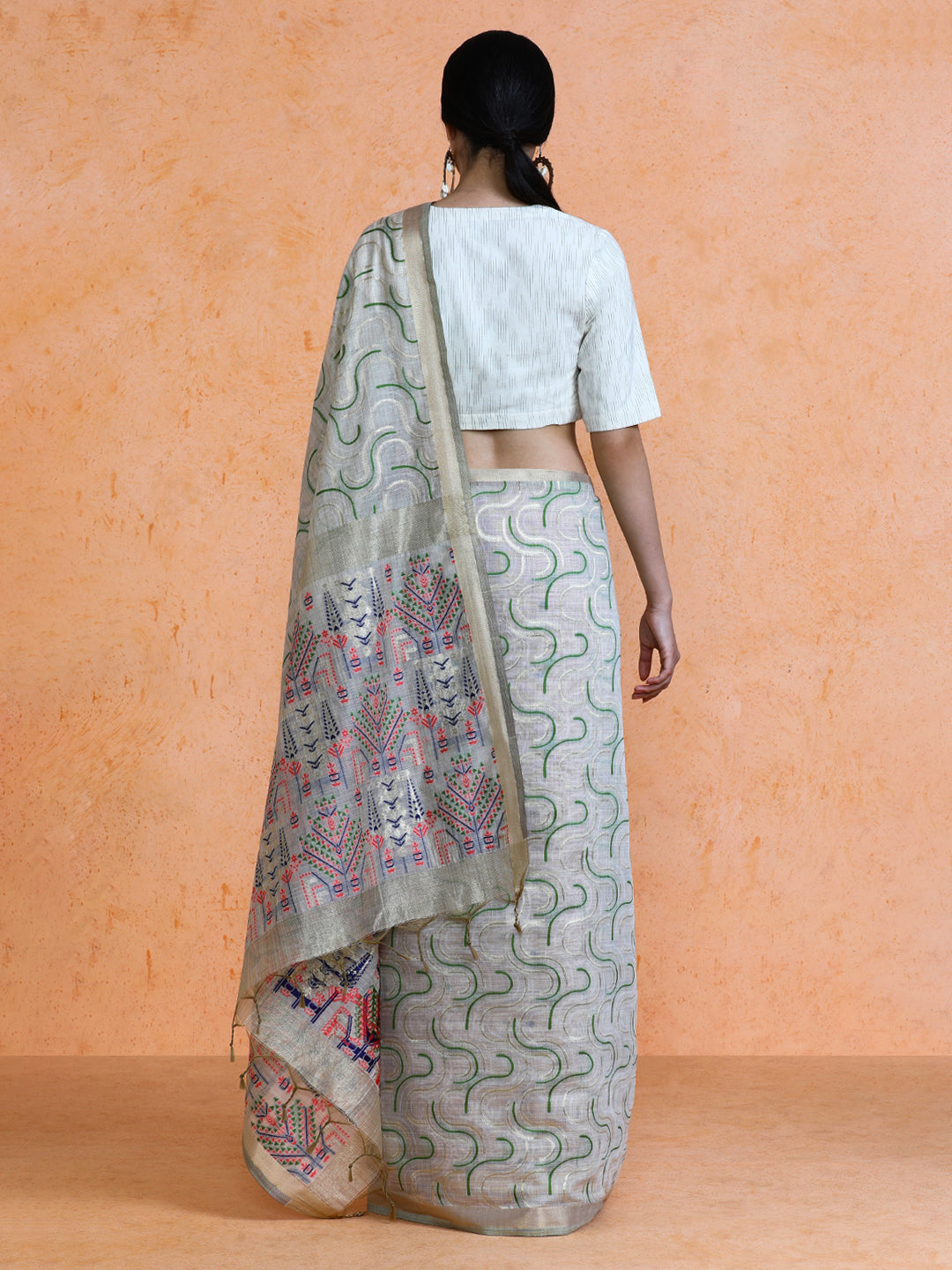 Zaika Cotton in Beige with Green Motifs