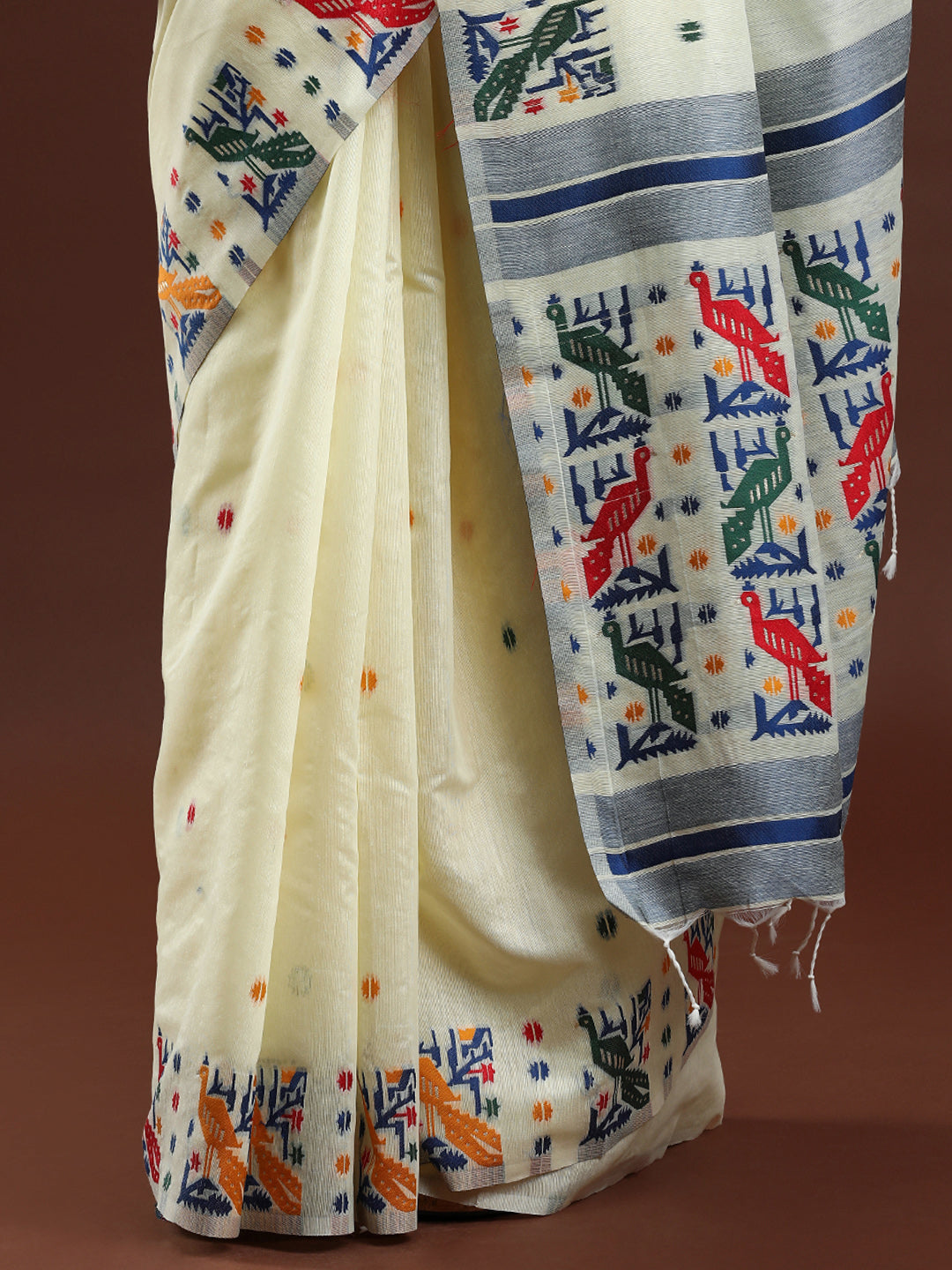 Woven Design Ethnic Motif Muga Cotton Saree in Cream