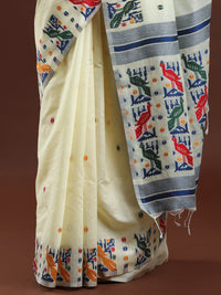 Woven Design Ethnic Motif Muga Cotton Saree in Cream