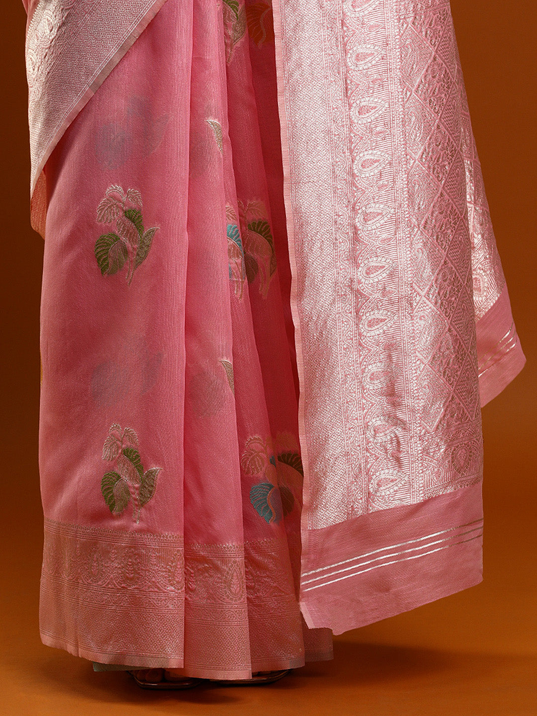 Sarha Women Floral Woven Design Zari Chanderi Saree in Pink