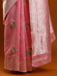 Sarha Women Floral Woven Design Zari Chanderi Saree in Pink