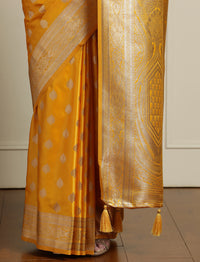 Ethnic Motif Woven Design Zari Banarasi Satin Silk Saree & Blouse Piece in Yellow