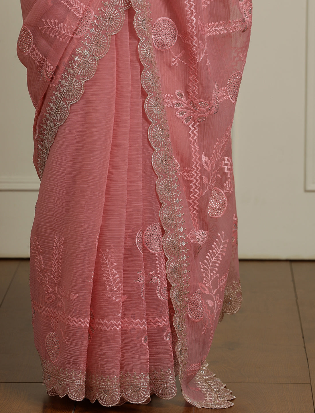 Floral Motif Embroidered Beads and Stones Saree in Pink
