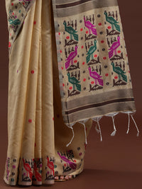 Woven Design Ethnic Motif Muga Cotton Saree in Beige