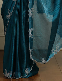 Embellished Beads and Stones Saree With Blouse in Blue