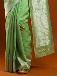 Sarha Ethnic Motifs Embroidered Zari Embroidered Chanderi Saree in Green
