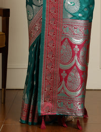 Ethnic Motif Woven Design Zari Banarasi Satin Silk Saree & Blouse Piece in Sea Green