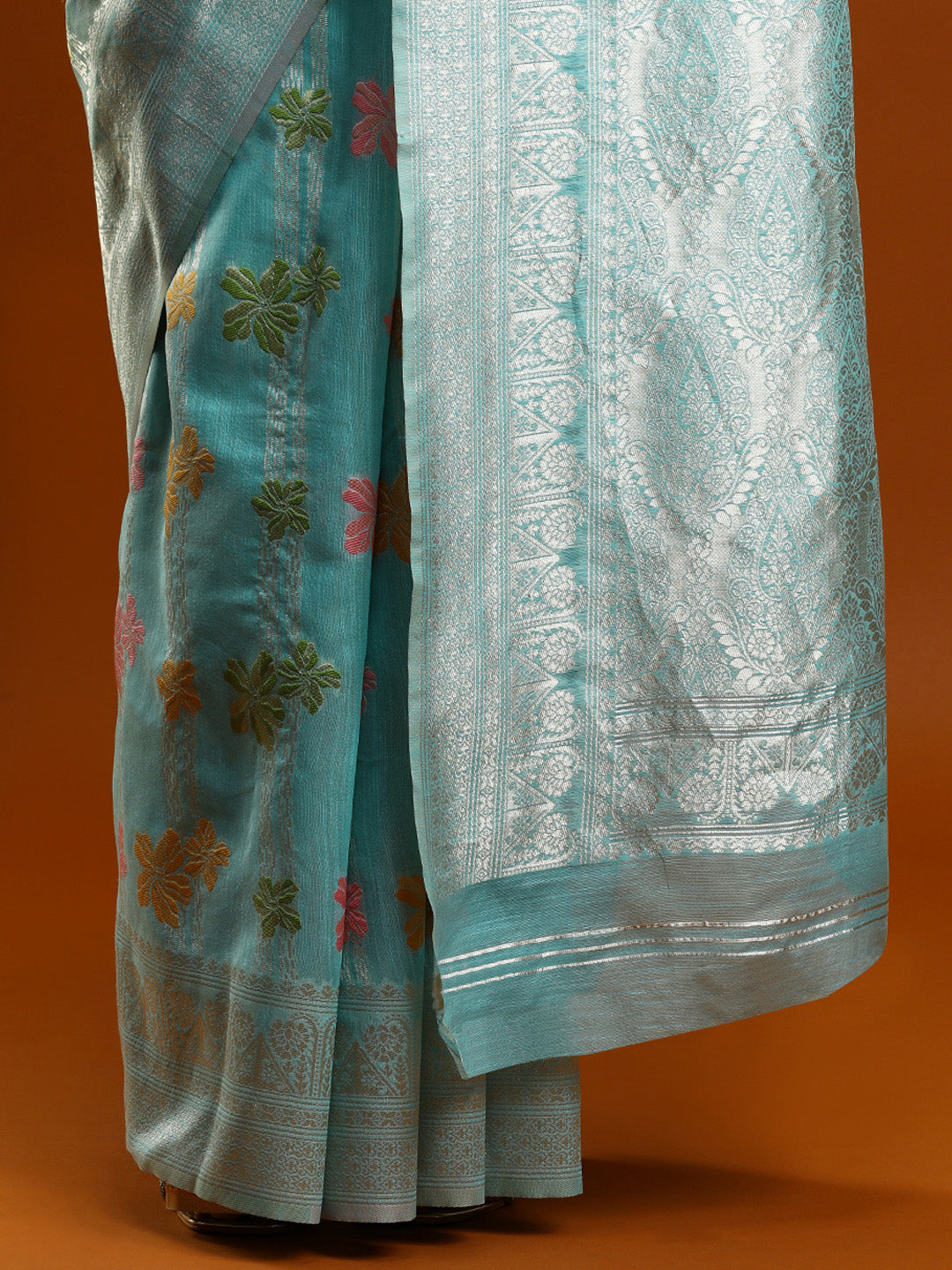 Sarha Floral Motifs Woven Design Zari Chanderi Saree in Light Blue