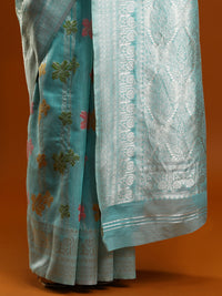 Sarha Floral Motifs Woven Design Zari Chanderi Saree in Light Blue