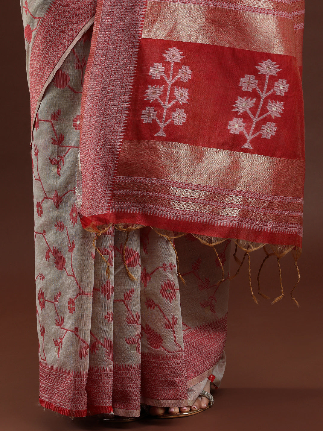 Woven Design Floral Chanderi Cotton Saree in Beige