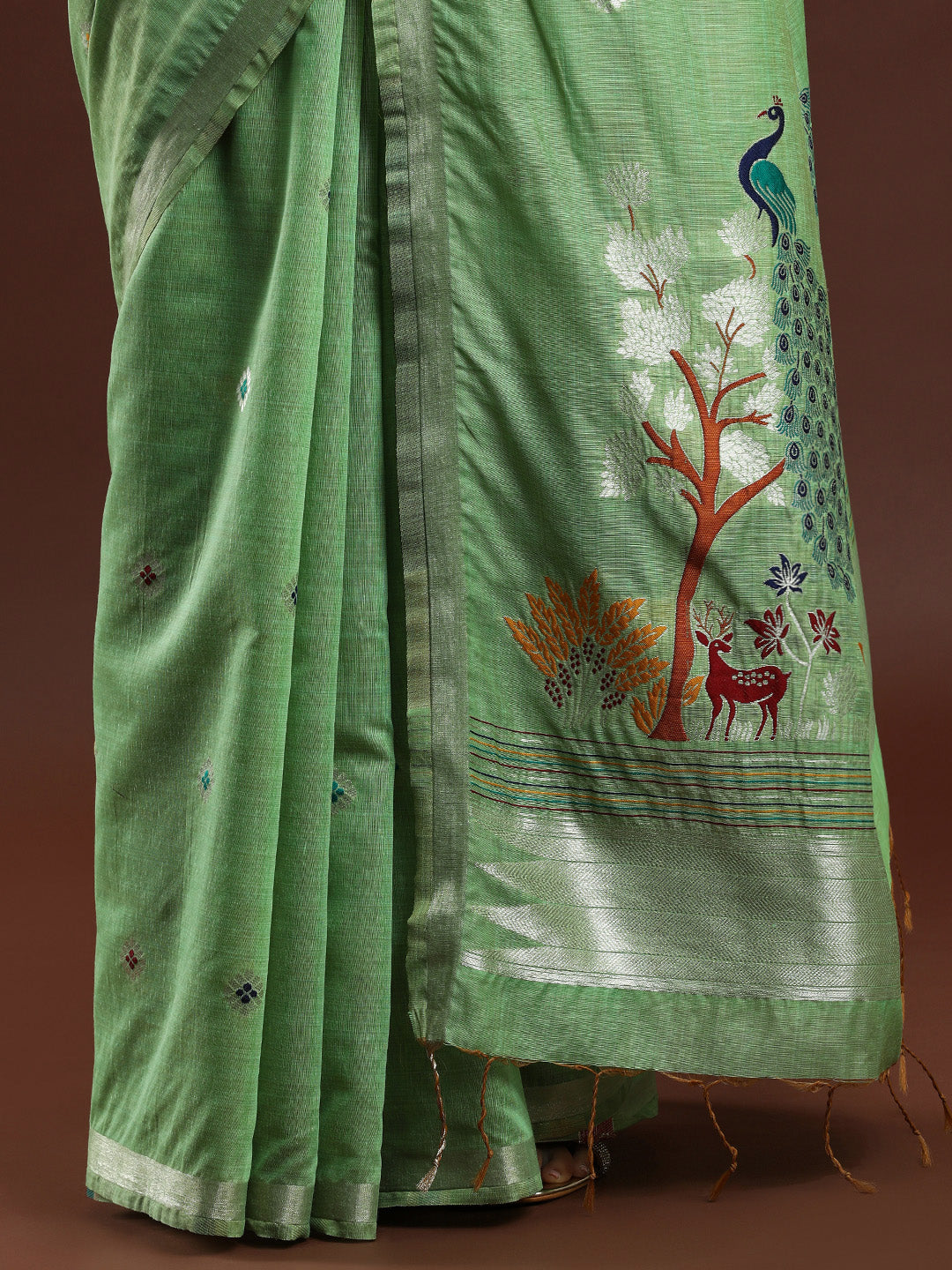 Woven Design Floral Muga Cotton Saree in Green