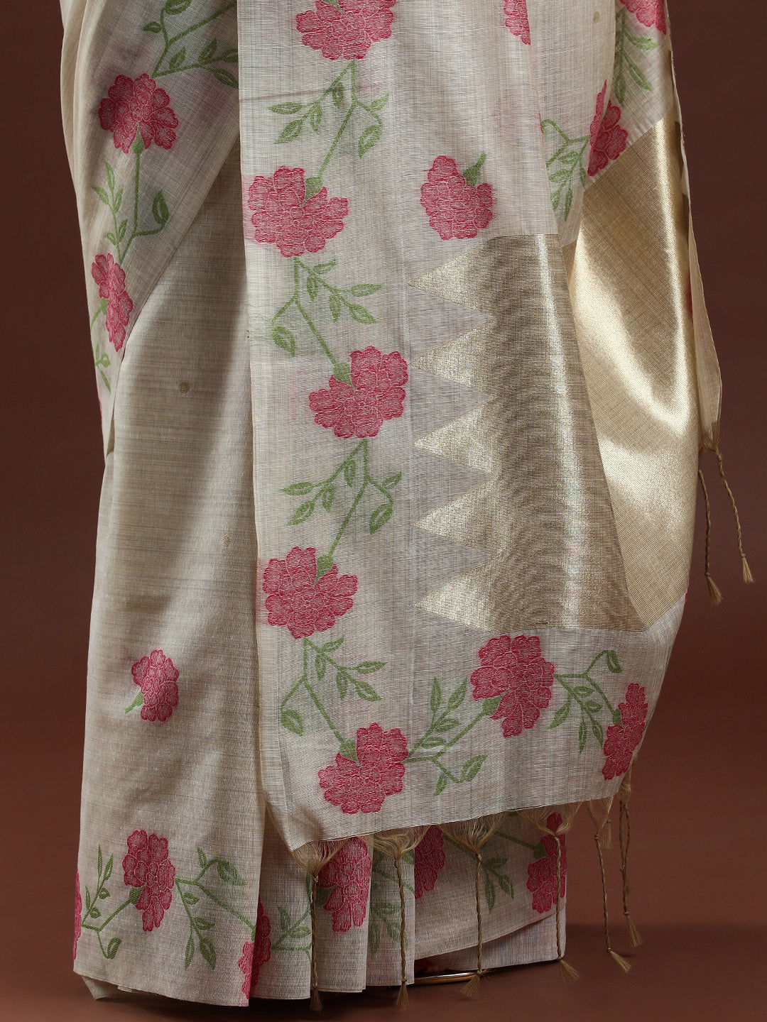 Woven Design Floral Muga Cotton Saree with Pink Motifs