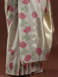 Woven Design Floral Muga Cotton Saree with Pink Motifs
