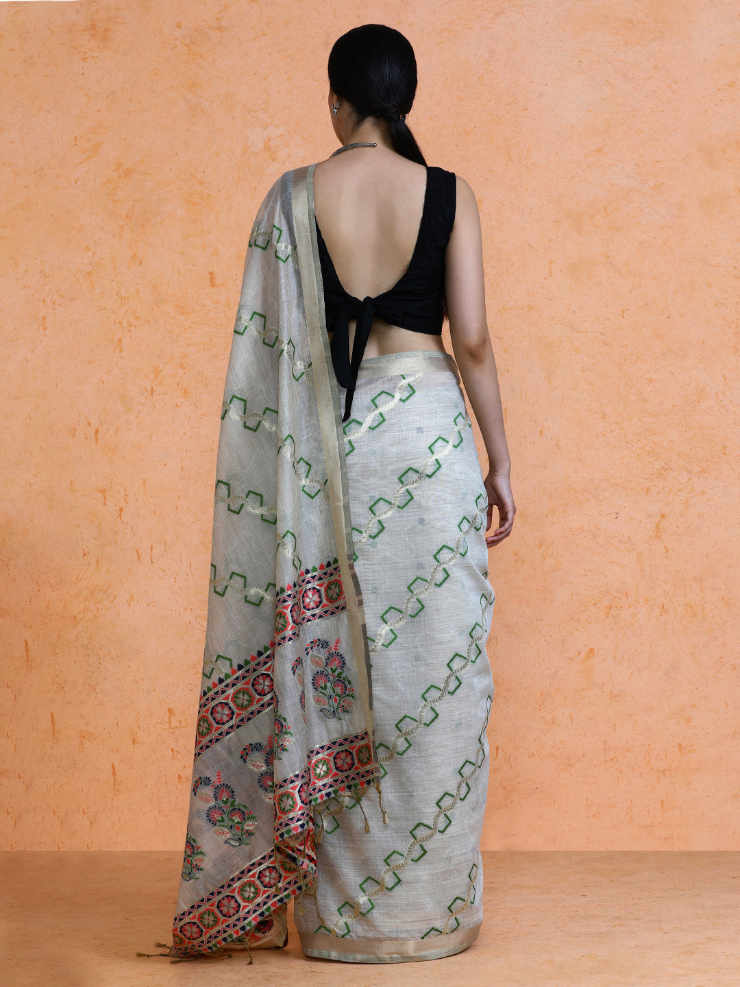 Devina Cotton in Beige with Green Motifs