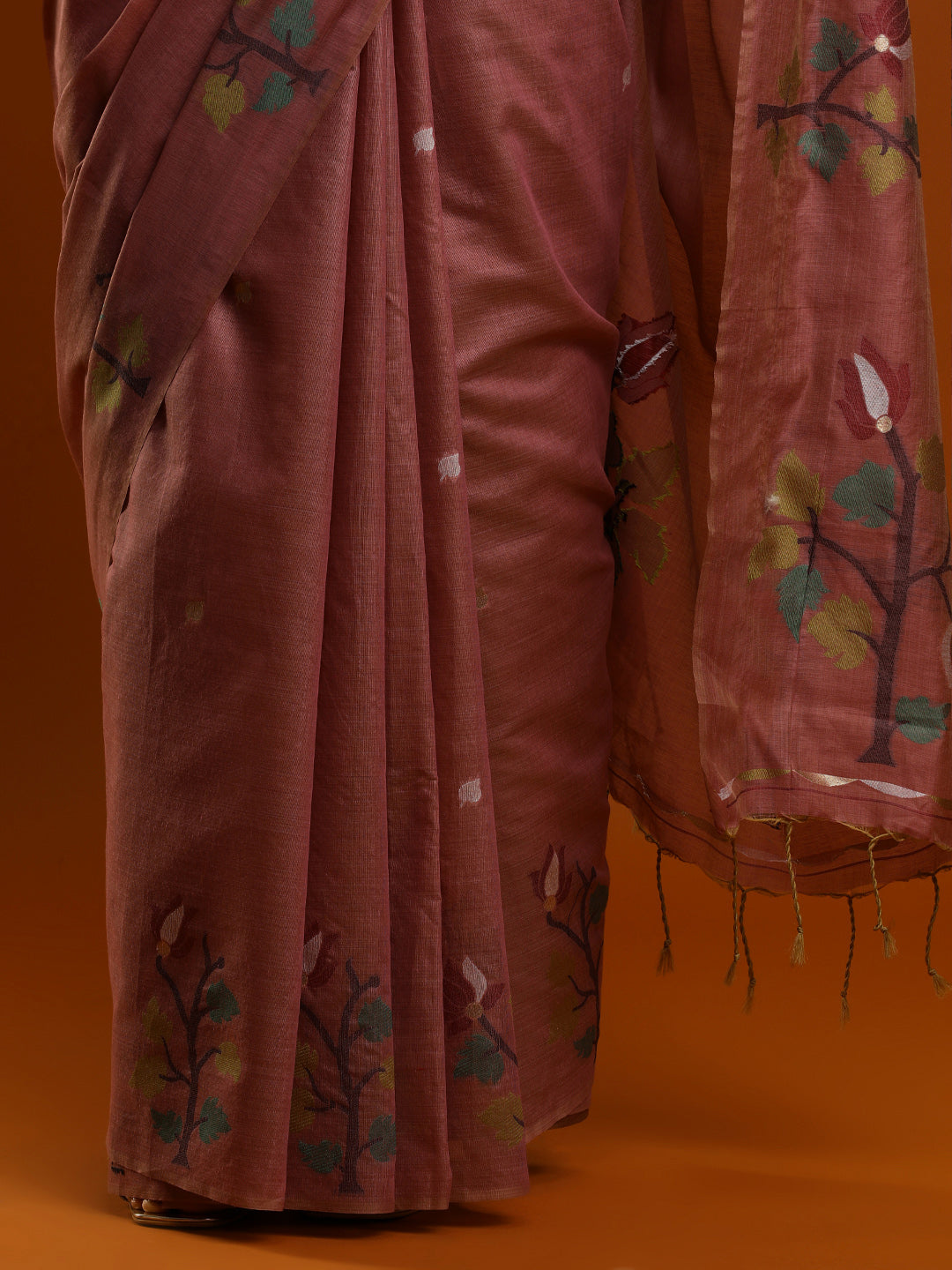 Sarha Women Floral Woven Design Zari Muga Saree in Rust Orange