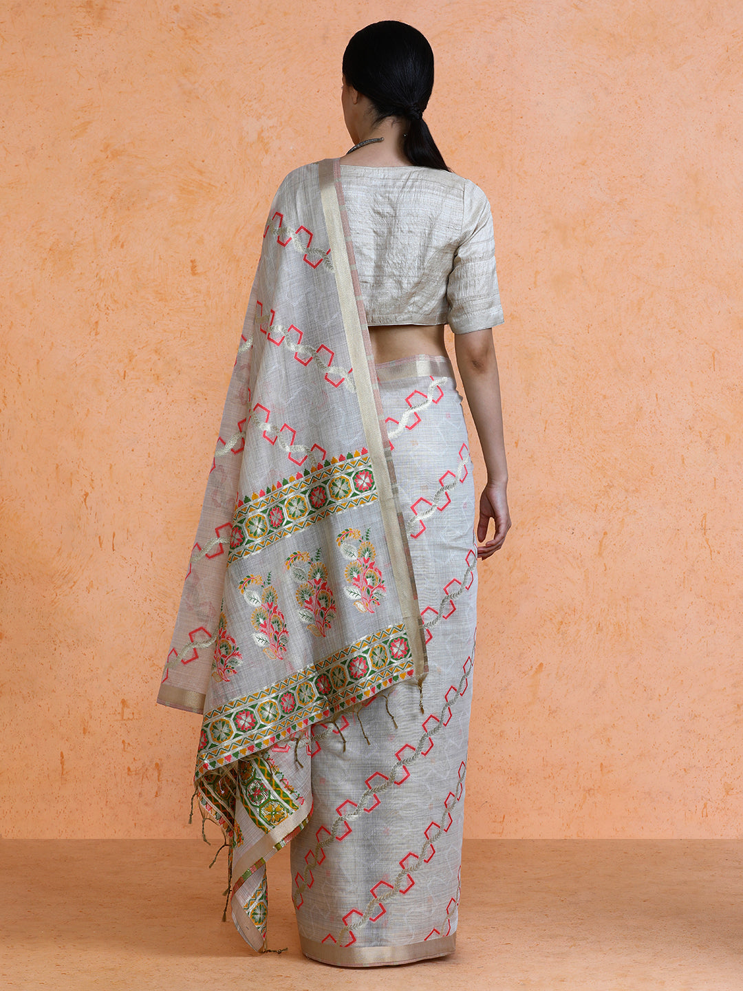 Devina Cotton in Beige with Coral Pink Motifs