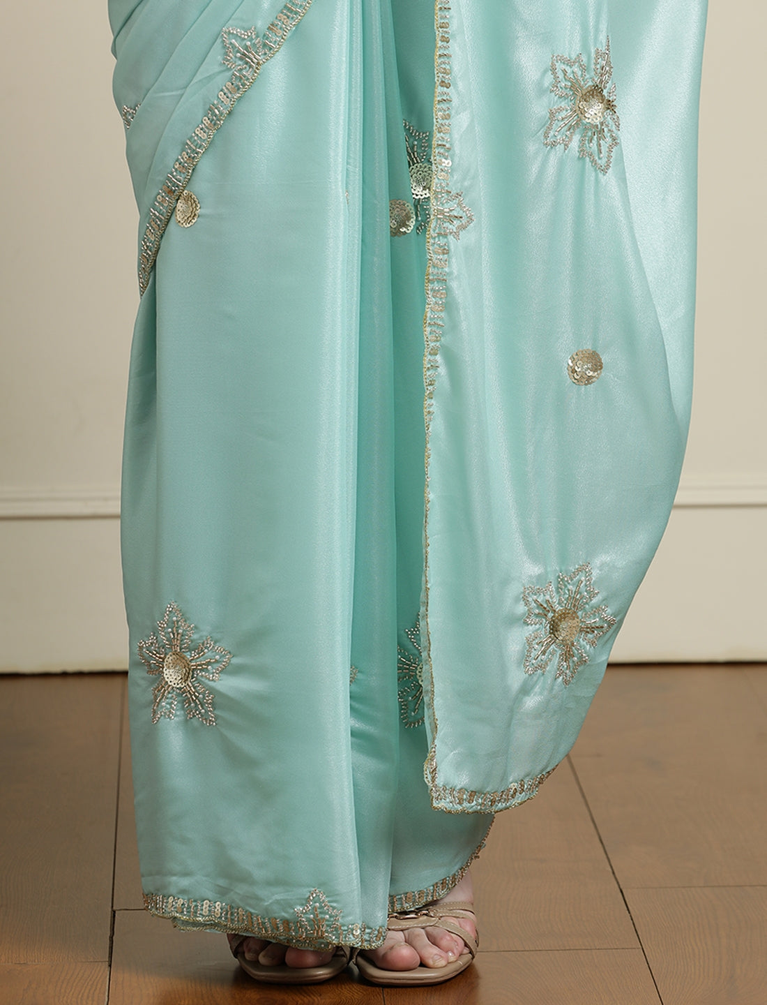 Floral Embroidered Beads and Stones Saree in Blue