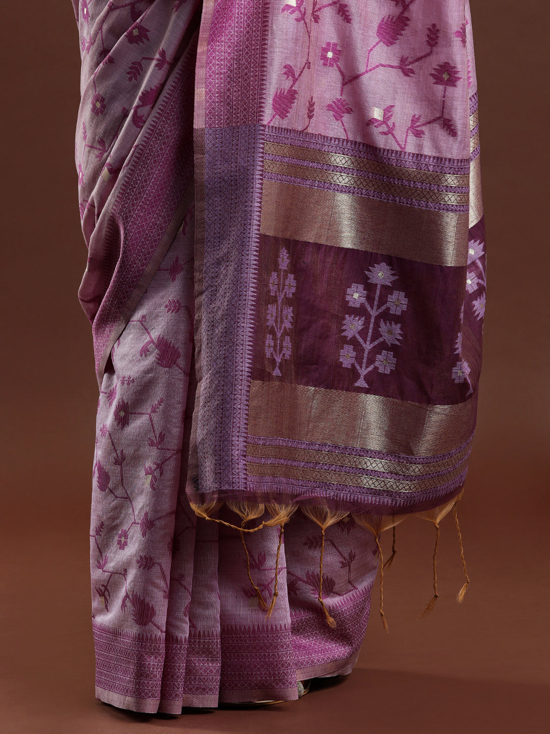 Woven Design Floral Chanderi Cotton Saree in Purple