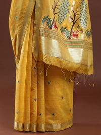 Woven Design Floral Muga Cotton Saree in Yellow