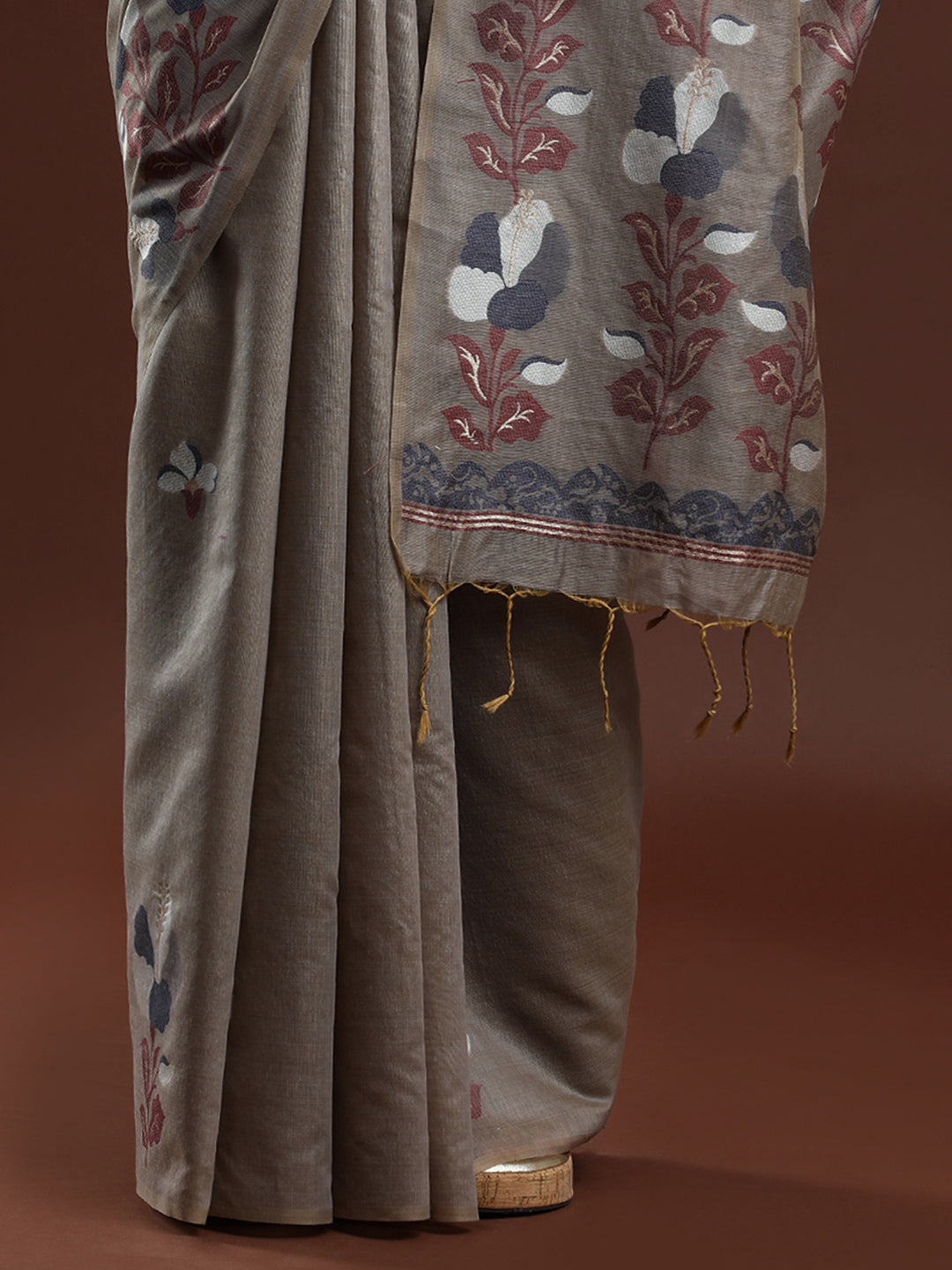 Woven Design Floral Muga Cotton Saree in Grey