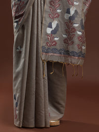 Woven Design Floral Muga Cotton Saree in Grey