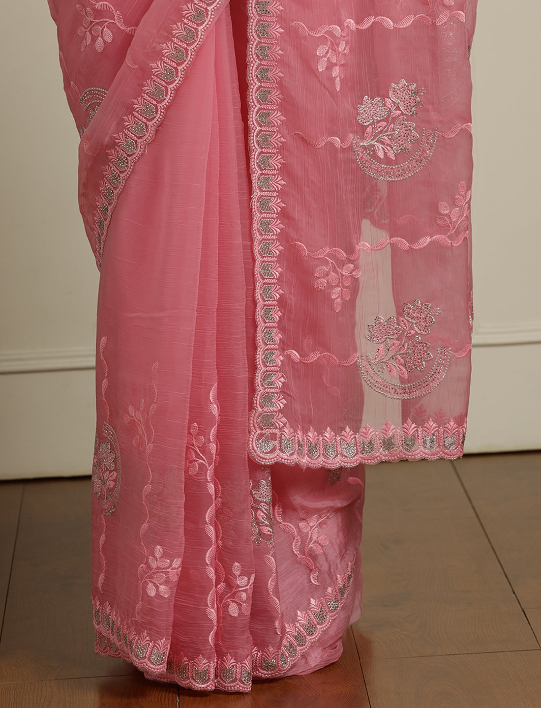 Floral Motifs Embroidered Saree with Unstitched Blouse in Pink