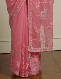 Floral Motifs Embroidered Saree with Unstitched Blouse in Pink