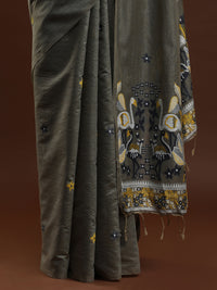 Sarha Floral Printed Muga Saree in Grey