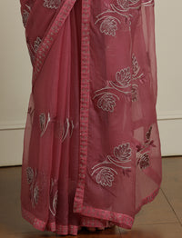 Woven Design Floral Motif Printed Saree With Blouse Piece in Pink