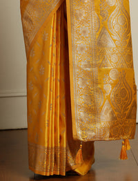 Ethnic Motif Printed Banarasi Saree With Blouse Piece in Yellow