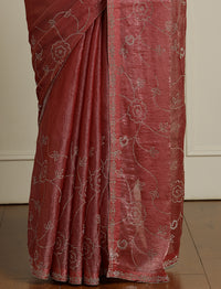 Embellished Saree With Unstitched Blouse in Peach