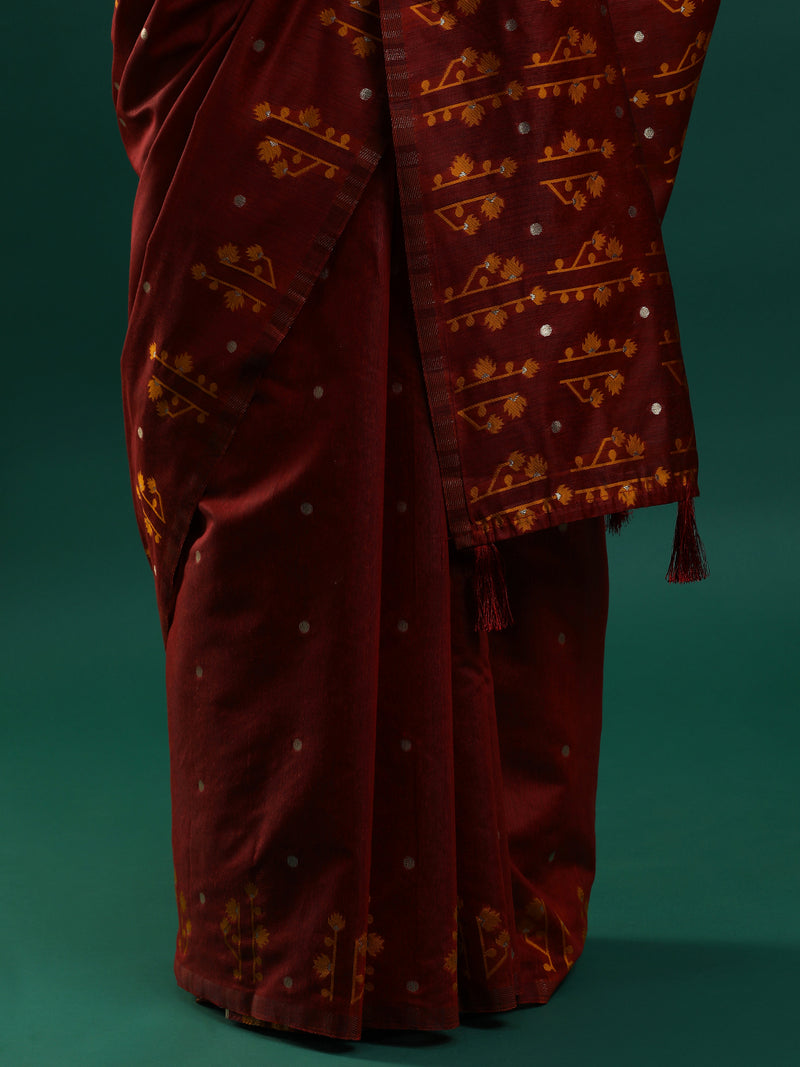 Sarha Ethnic Motifs Woven Design Zari Muga Saree in red
