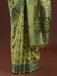 Woven Design Floral Chanderi Cotton Saree in Lime Green