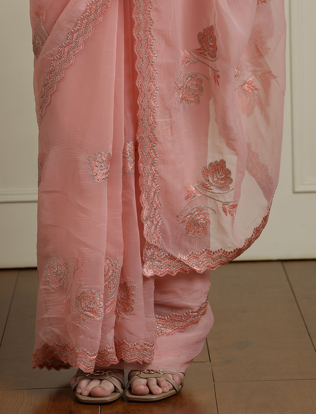 Floral Motifs Embroidered Saree with Unstitched Blouse in Peach