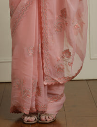 Floral Motifs Embroidered Saree with Unstitched Blouse in Peach