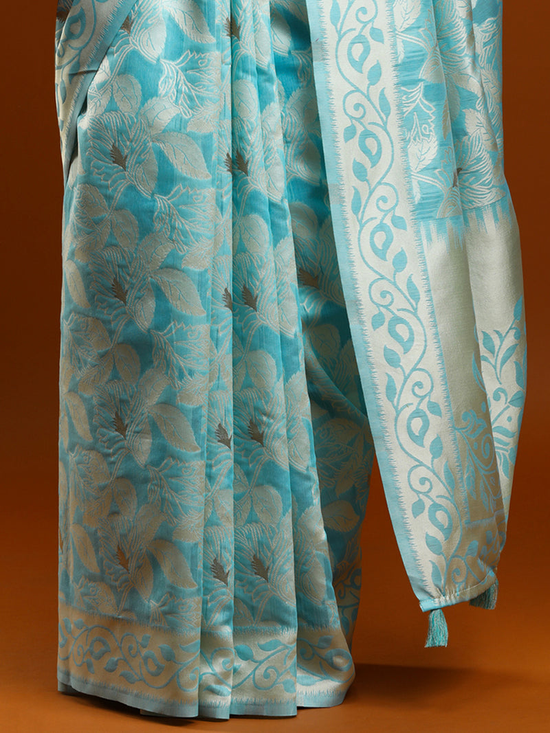 Sarha Floral Woven Design Zari Chanderi Saree in Light Blue
