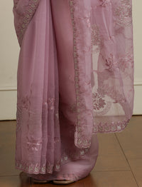 Floral Motifs Embroidered Saree with Unstitched Blouse in Purple