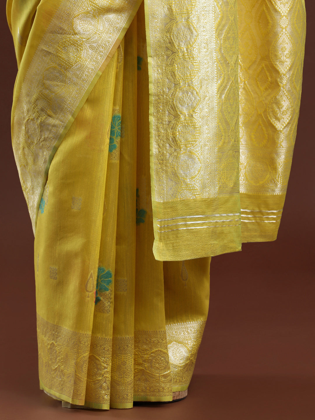 Woven Design Floral Chanderi Cotton Saree Yellow
