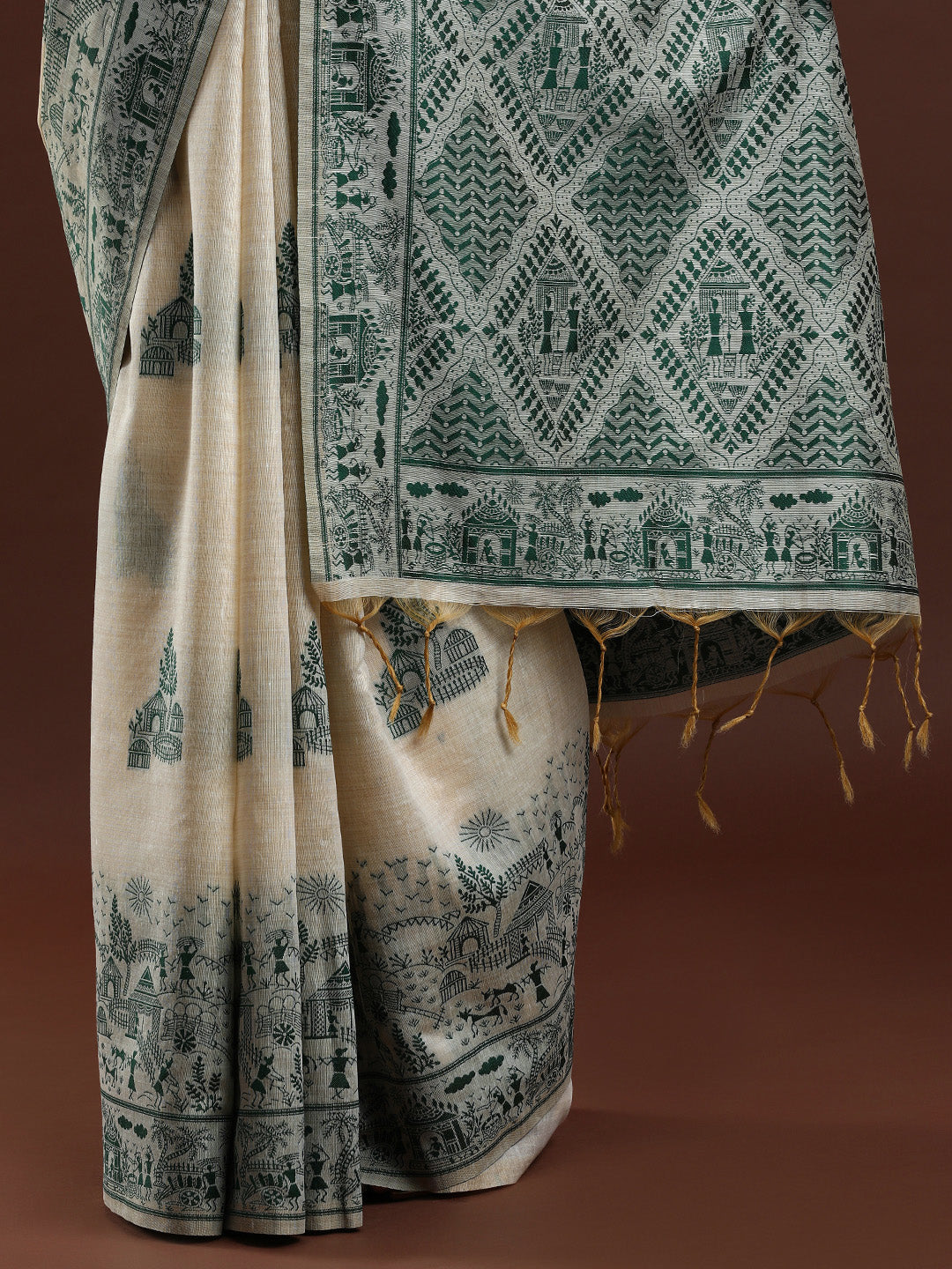 Woven Design Chanderi Cotton Saree with Green Motifs