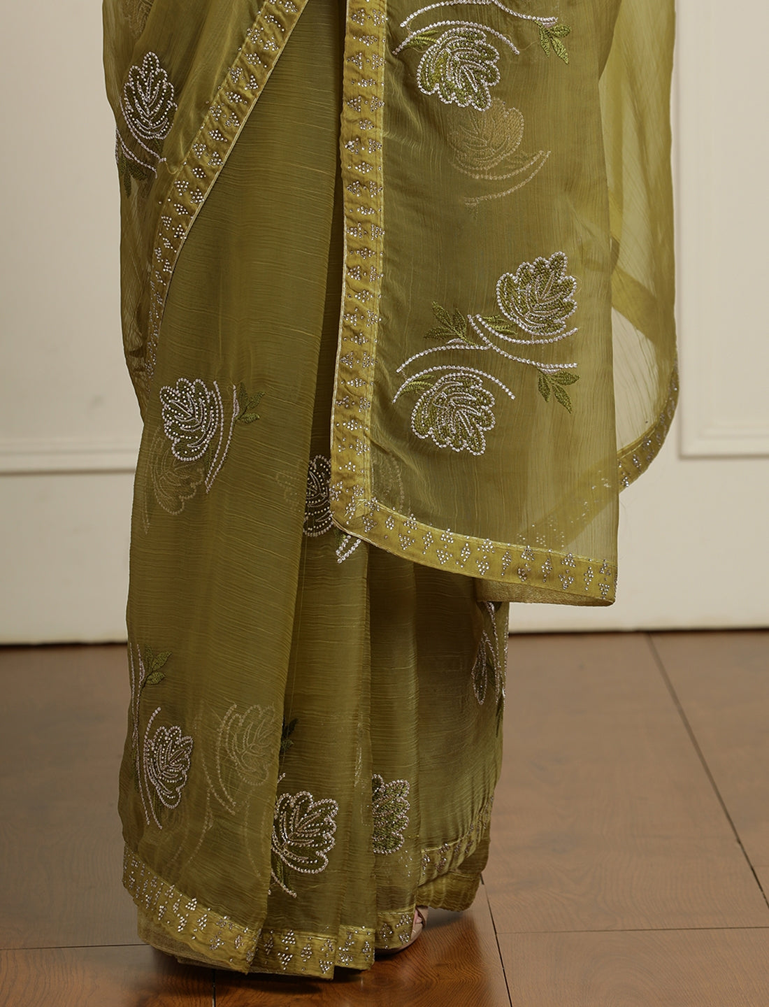 Floral Motif Embroidered Zari Wedding Saree in Green