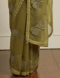 Floral Motif Embroidered Zari Wedding Saree in Green