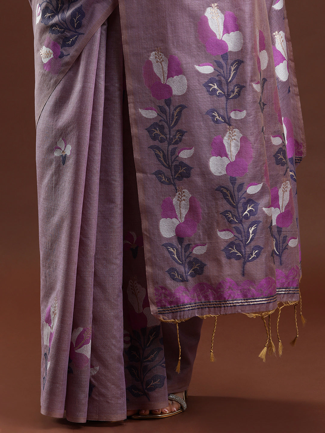 Woven Design Floral Muga Cotton Saree in Lavender