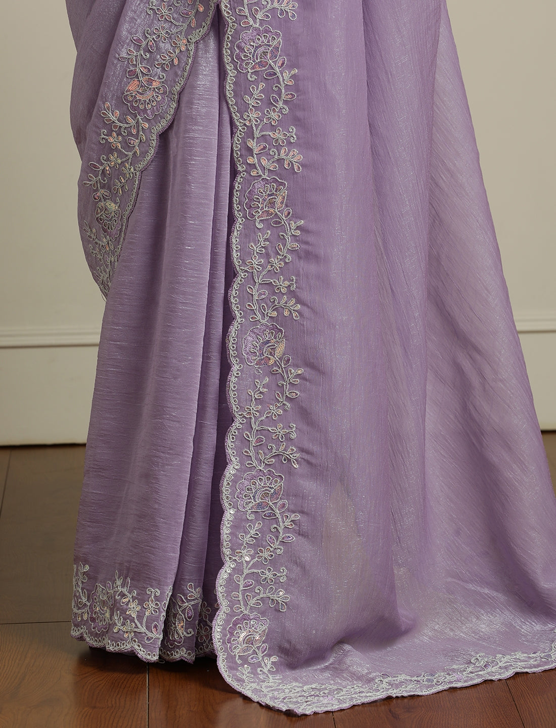 Embroidered Embellished Saree With Unstitched Blouse in Lavender