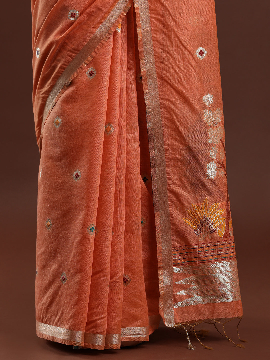 Woven Design Floral Muga Cotton Saree in Orange