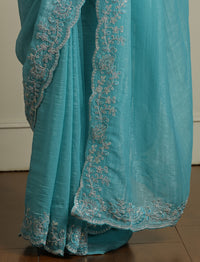 Solid Embellished Beads and Stones Saree in Blue