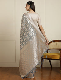 Ethnic Geometric Woven Design Muga Saree With Blouse Piece in Grey