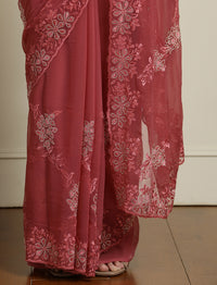 Embellished Saree With Unstitched Blouse in Pink